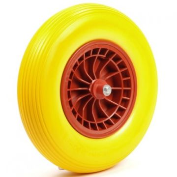 KRUIWAGENWIEL 4.00-8 PU GEEL MET ROLLAGER NAAFLENGTE 130MM